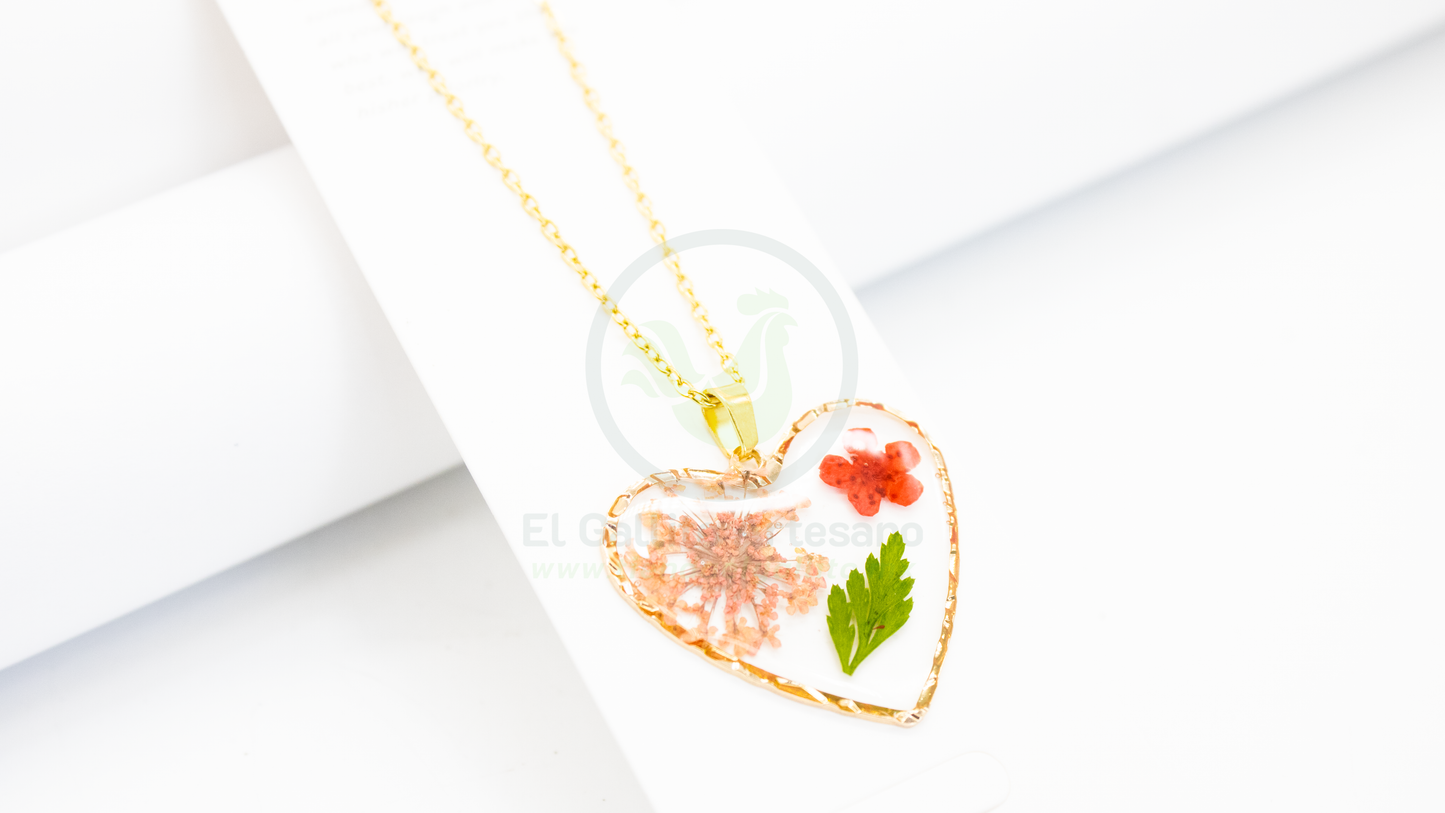 Collar Dije Resina MD02 | Corazón Flor Naranja