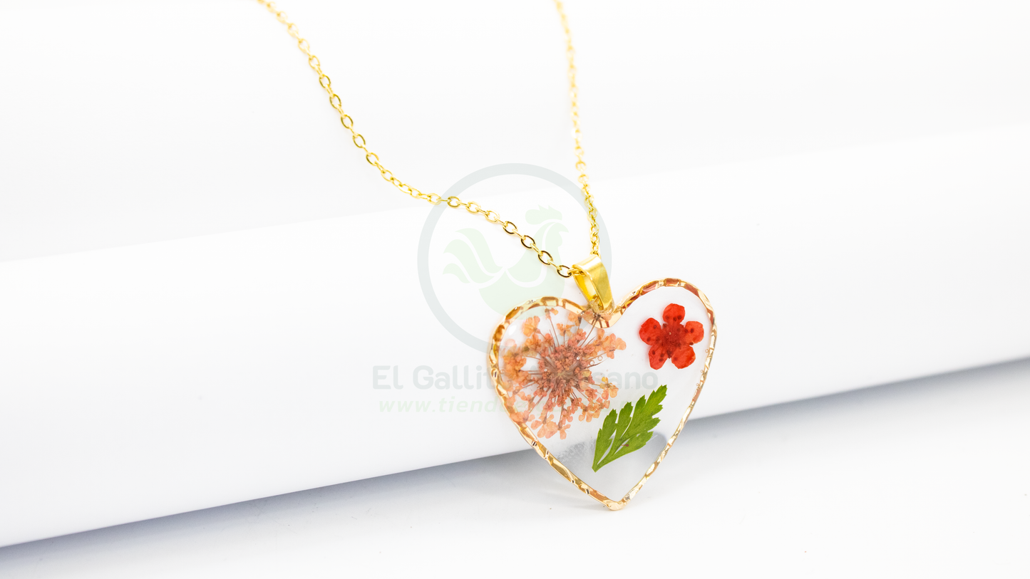 Collar Dije Resina MD02 | Corazón Flor Naranja