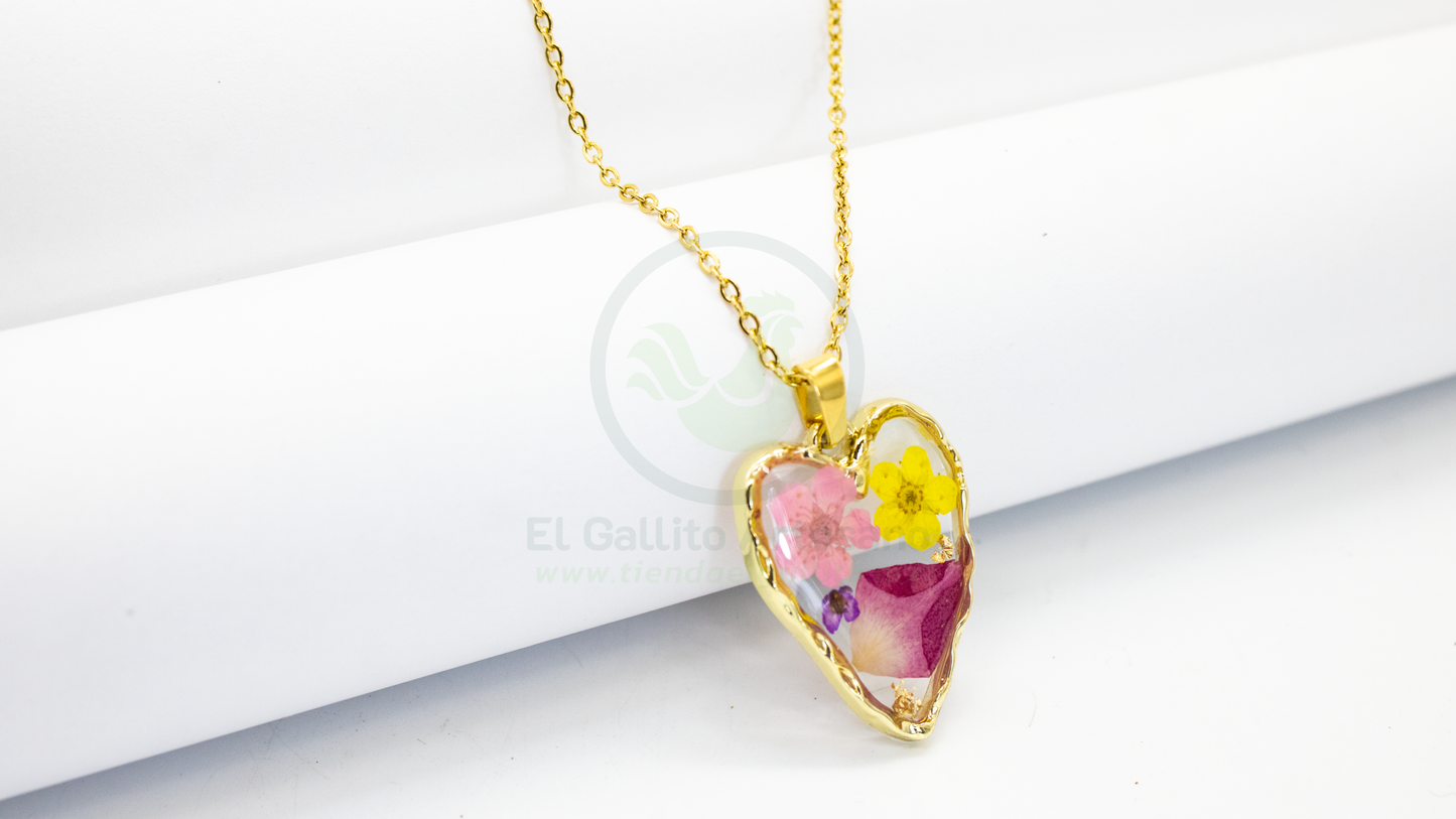 Collar Dije Resina MD03 | Corazón Irregular 2 Flor Pétalo