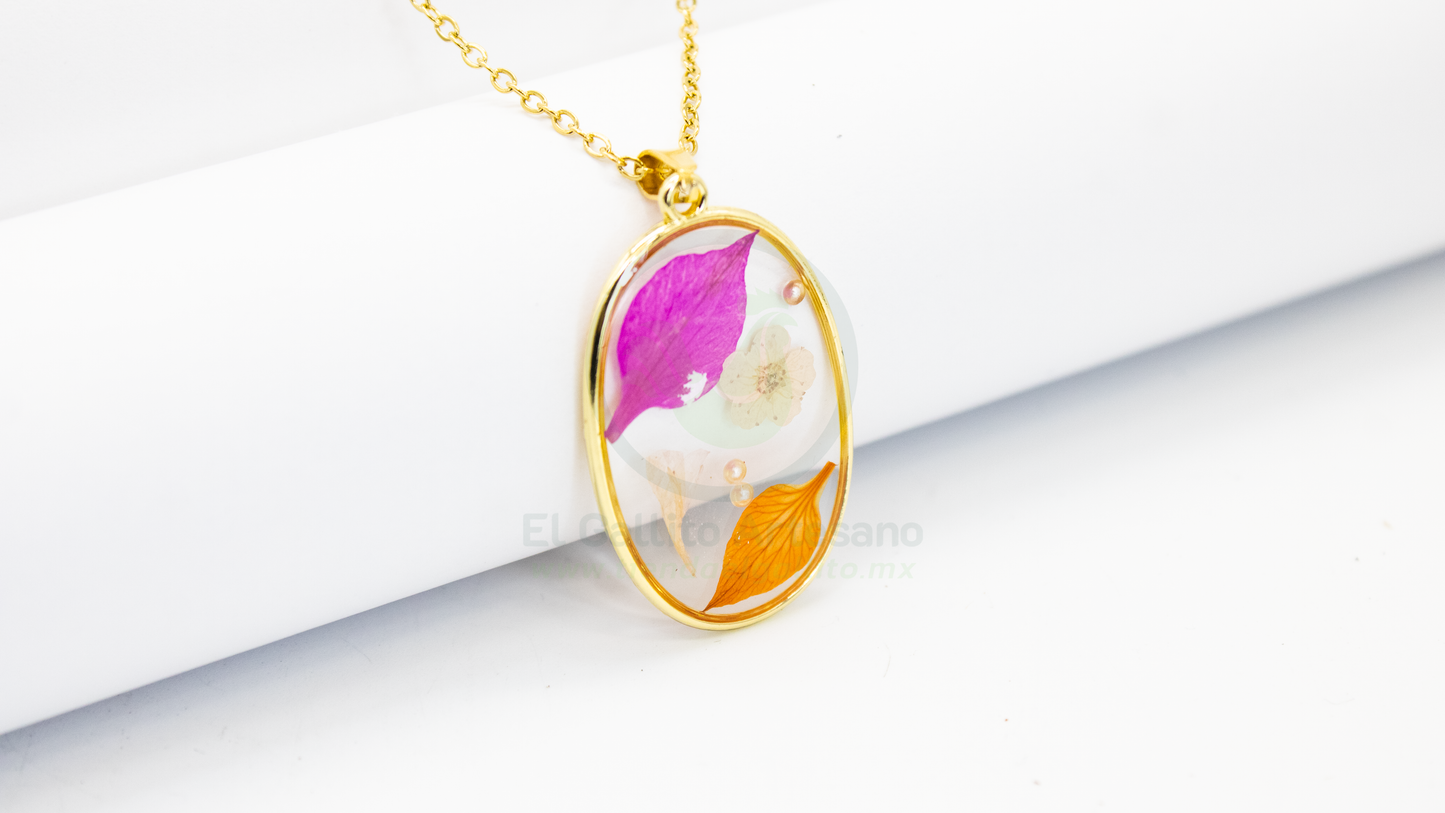 Collar Dije Resina MD10 | Pétalos Rosa Naranja