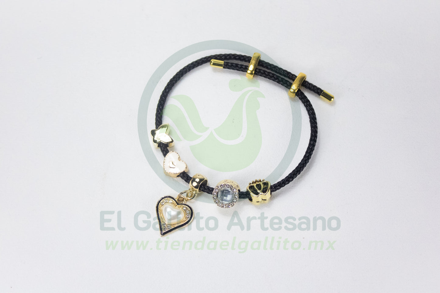 Pulsera A25-1 Charms #09 | Corazón Cristales Negro