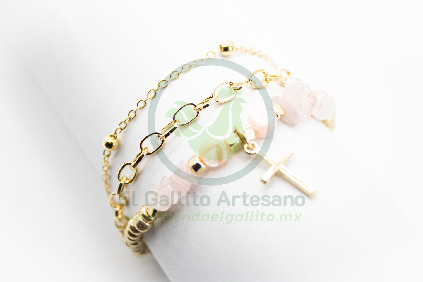 Pulsera Caddj MD02 | Chaquirón Chip Rosa Cruz Dor