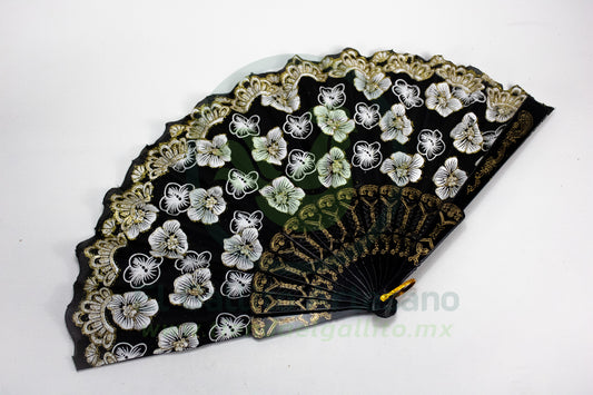 Abanico #24 | Negro Flores Blancas