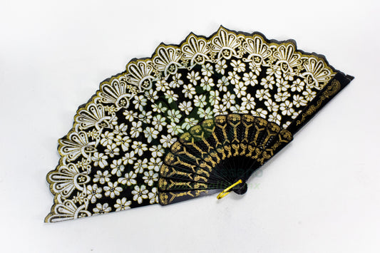 Abanico #28 | Negro Flor Blanca