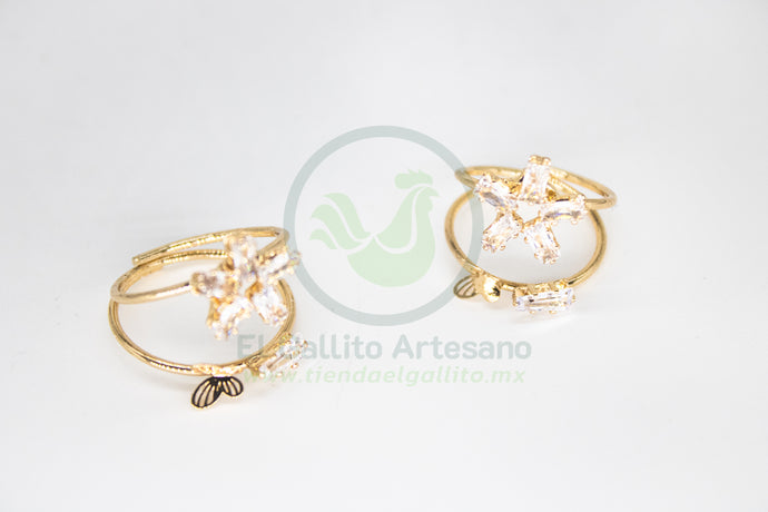Anillo Acero MD3 | Doble Flor Mariposa Gota Cristal (Ajustable)
