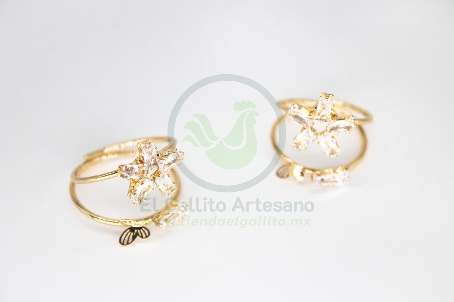 Anillo Acero MD3 | Doble Flor Mariposa Gota Cristal (Ajustable)