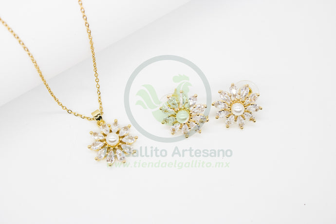 Collar Cobre MD78 | Juego Flor Cristal Perla