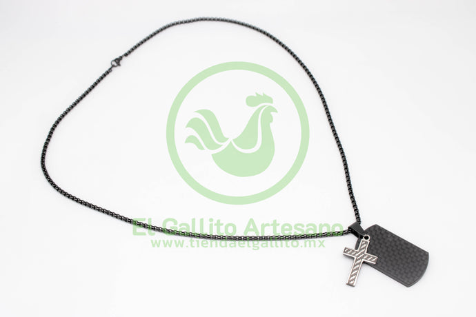 Collar Cruz MD7 | Placa Negra Cruz Plateada Rayada