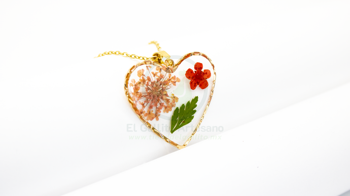 Collar Dije Resina MD02 | Corazón Flor Naranja