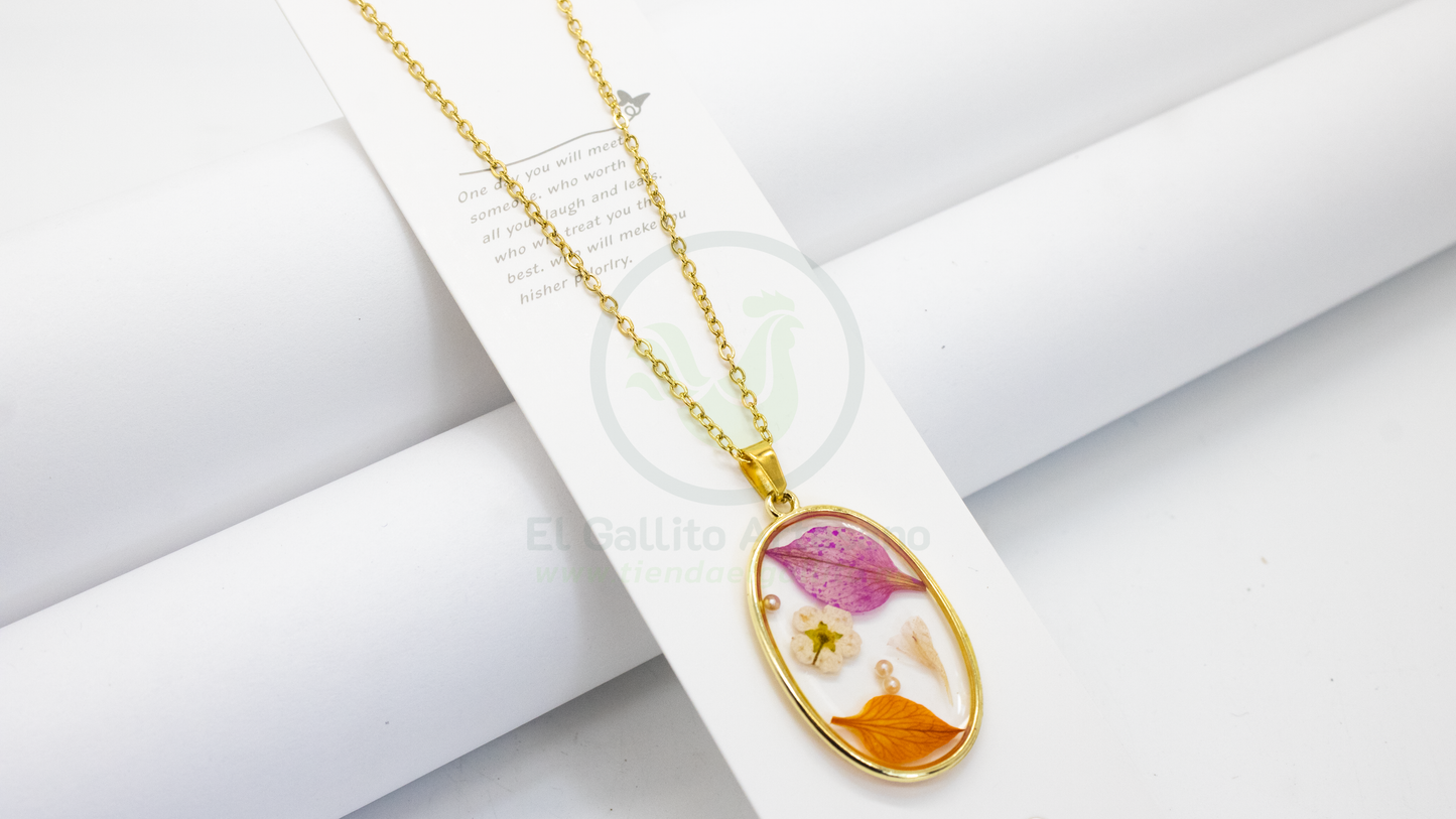 Collar Dije Resina MD10 | Pétalos Rosa Naranja