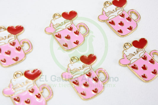 Dije #5 Esmaltado | Taza Gato Rosa Corazoncitos