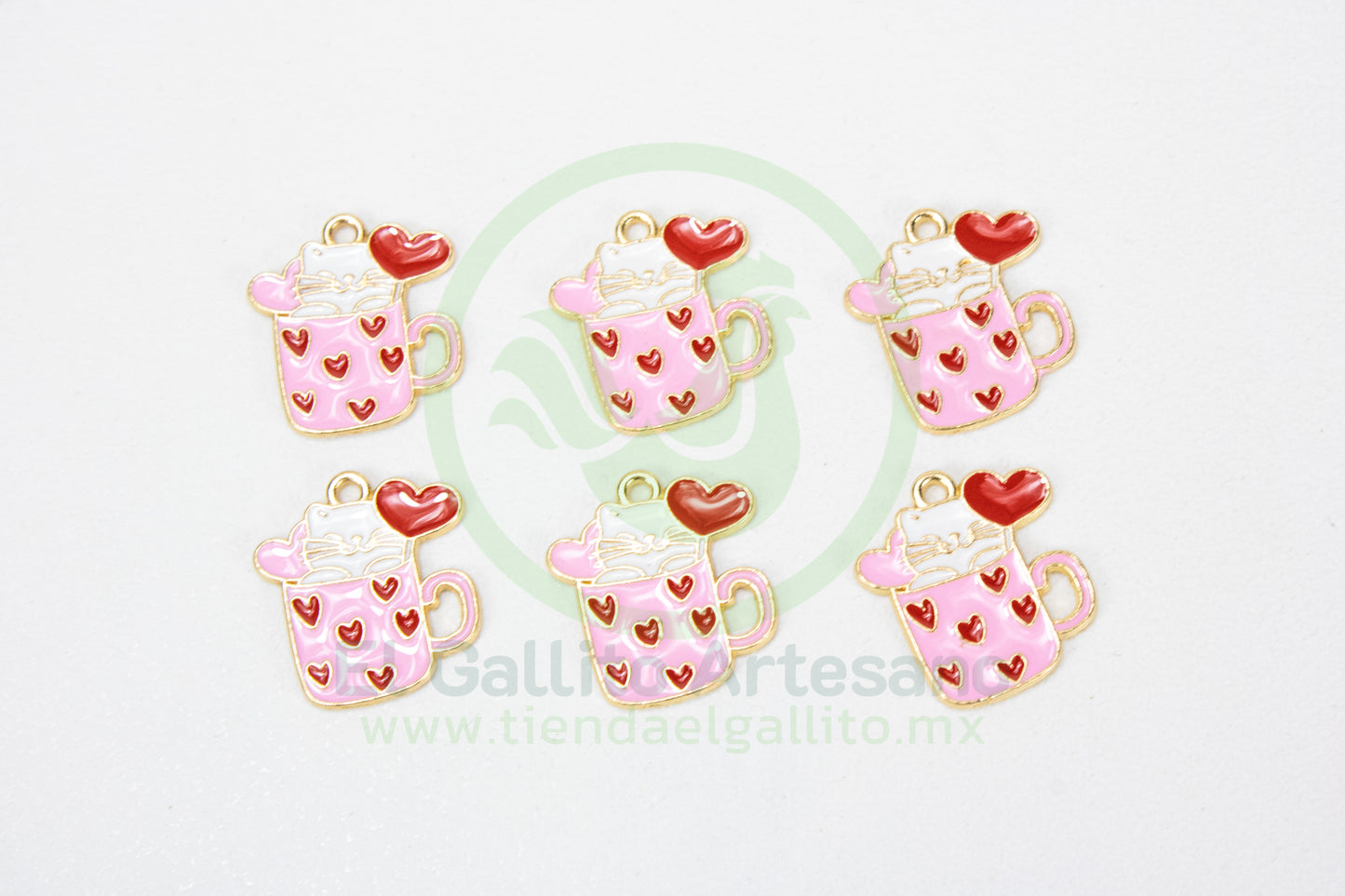 Dije #5 Esmaltado | Taza Gato Rosa Corazoncitos