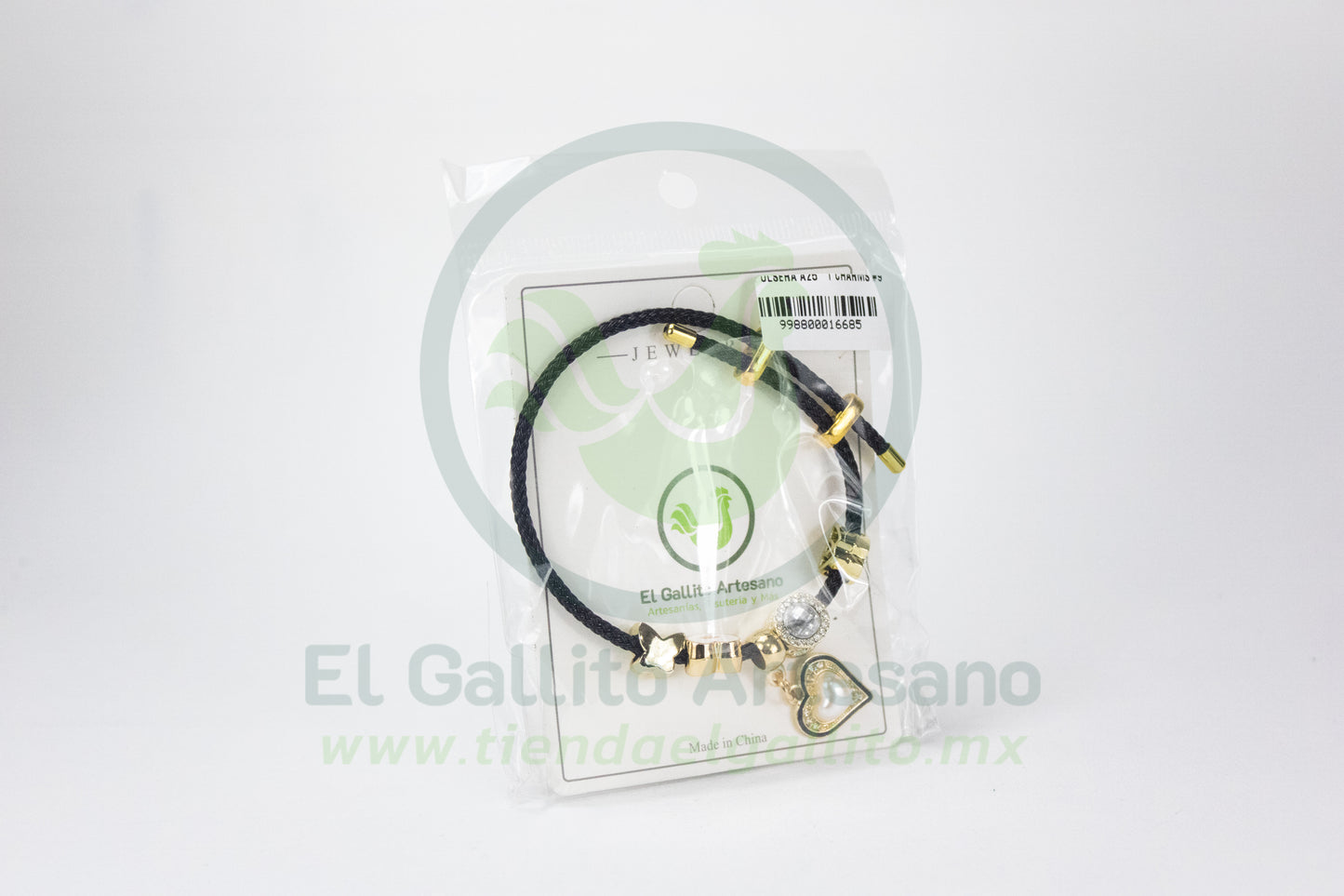 Pulsera A25-1 Charms #09 | Corazón Cristales Negro