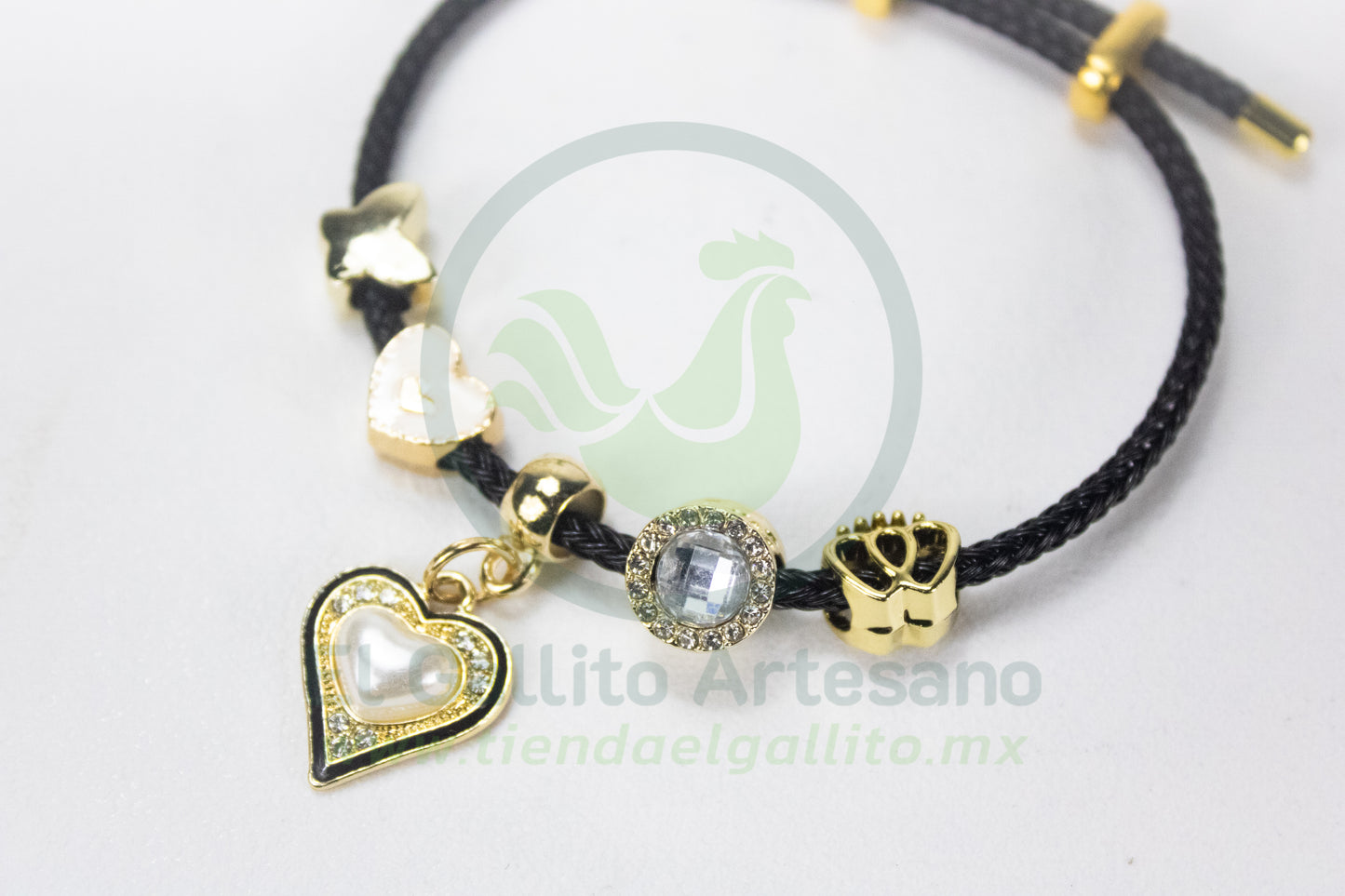 Pulsera A25-1 Charms #09 | Corazón Cristales Negro