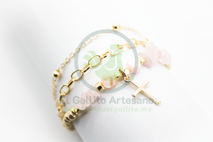 Pulsera Caddj MD02 | Chaquirón Chip Rosa Cruz Dor