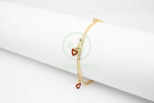 Pulsera Dijes MD02 | Doble Corazón Rojo Sil